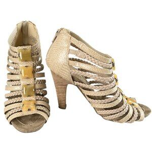 Apostrophe Faux Snakeskin Tan Strappy Bejeweled High Heel Open Toe Sandals, 8.5
